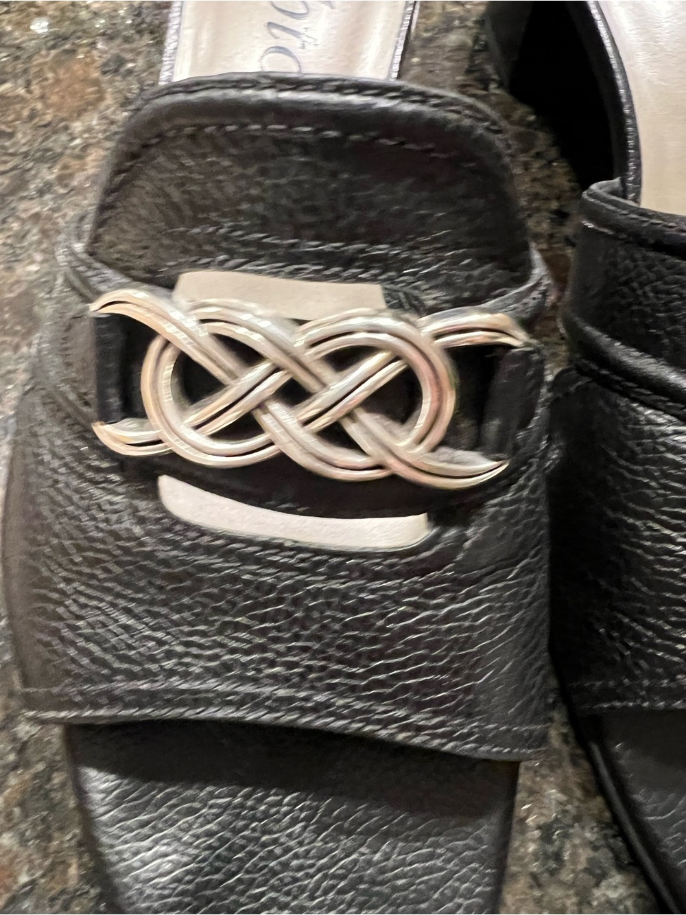 Brighton Black Leather Slide Mules with Silver Knot Accent